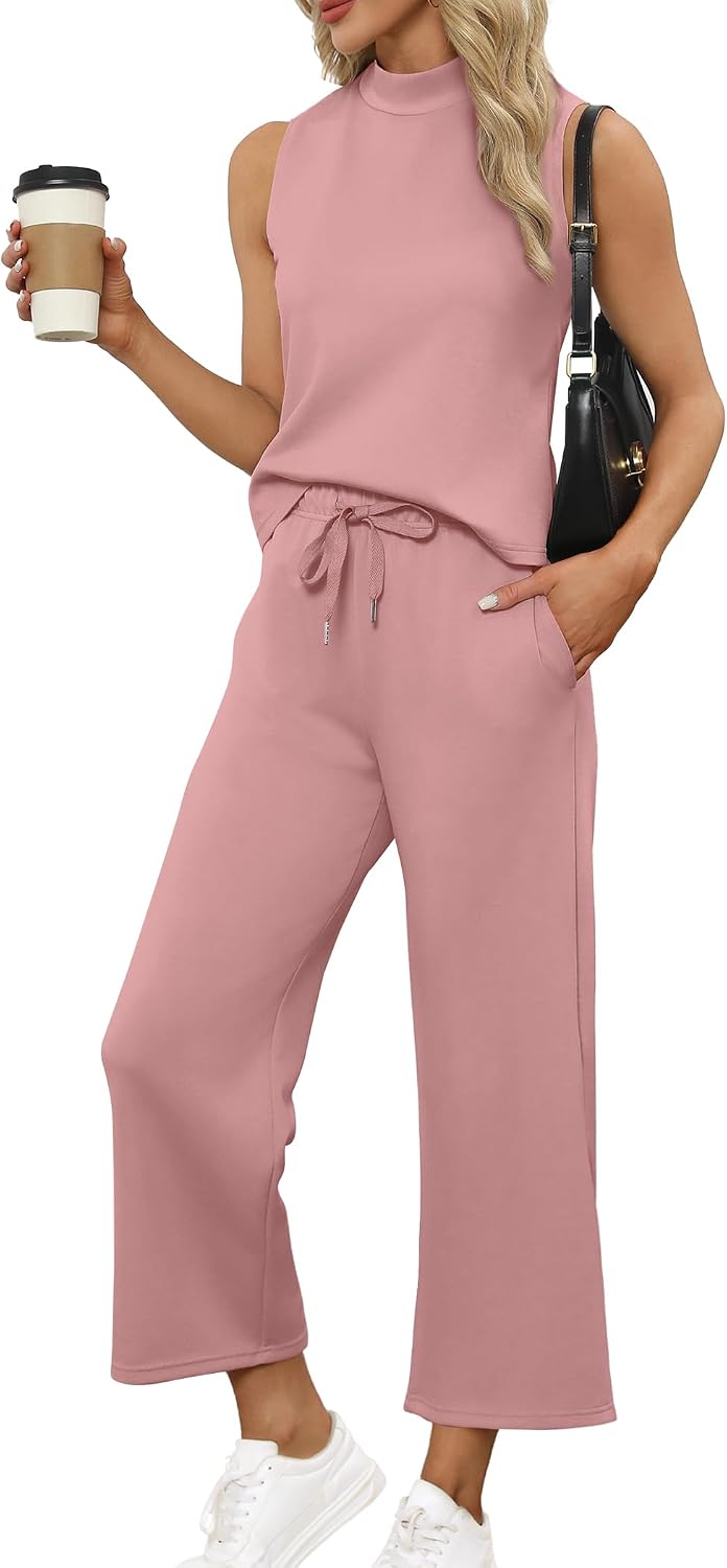 SAMPEEL Two Piece Sets for Women Summer Outfits Lounge Sets Mock Neck Tops Wide Leg Crop Pants Vacation Travel Outfits