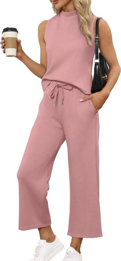 SAMPEEL Two Piece Sets for Women Summer Outfits Lounge Sets Mock Neck Tops Wide Leg Crop Pants Vacation Travel Outfits
