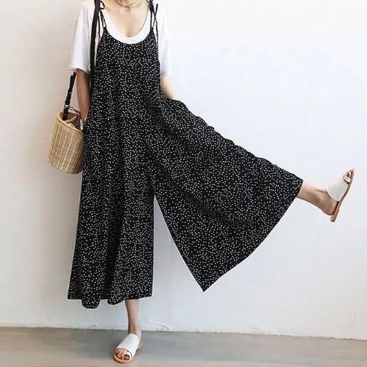 Wide leg jumpsuit, women's polka dot suspender, cropped pants, casual loose overalls
