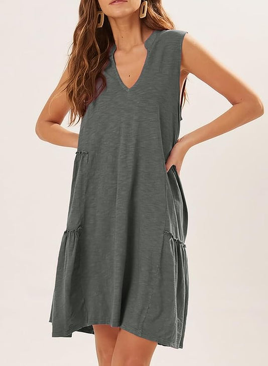 KevaMolly Women 2024 Sleeveless Dresses Casual Ruffle Tiered V Neck Mini Dress A-Line Dresses