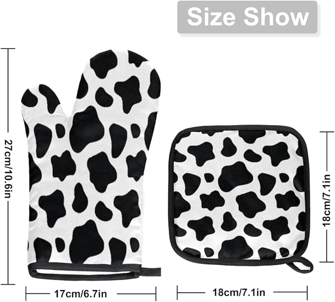 Cow Oven Mitts Set, Kitchen Oven Mitts and Pot Holders Set, Heat Resistant Hot Pads and Oven Mittsfor Baking Cooking Grilling BBQ