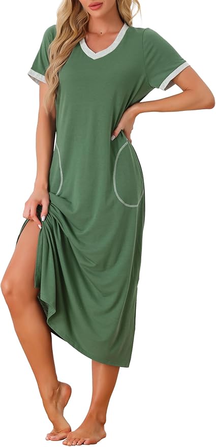cheibear Women V Neck Nightshirt Long Basic Slit Nightgown Big Pockets Short Sleeve Sleepshirt