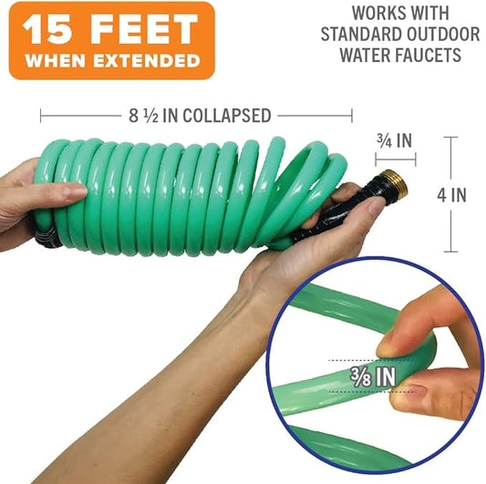 15FT Coiled Boat Hose, Expandable Coil Water Hose, Marine Grade 34 Inch Connectors, Perfect for RV Wash, Garden, and Marine Washdown, Self-Recoil Design, 15 Foot Length