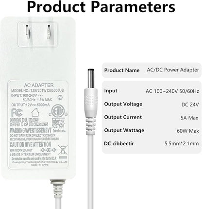12V Power Supply Adapter, 5A 60W Wall Plug Switching Transformer, AC 100-240V Converter to DC 12 Volt White LED Driver Adaptor with 5.5x2.12.5mm Connector for led Strip Light (ETL Certificated)