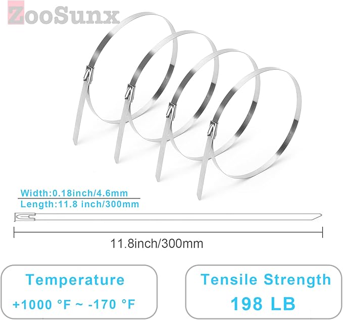 Metal Zip Ties (100PCS 11.8 Inch), 304 Stainless Steel, Heavy Duty Self-locking Cable Ties, for Exhaust Wrap, Chain Link Fence Parts, Heat Resistant Fencing Tie. for Pipe, Auto repair.
