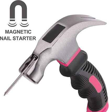 8-oz Pink All-Purpose Stubby Hammer with Magnetic Nail Starter, Compact Hammer for Household, Garage, Dorm, and Office Use