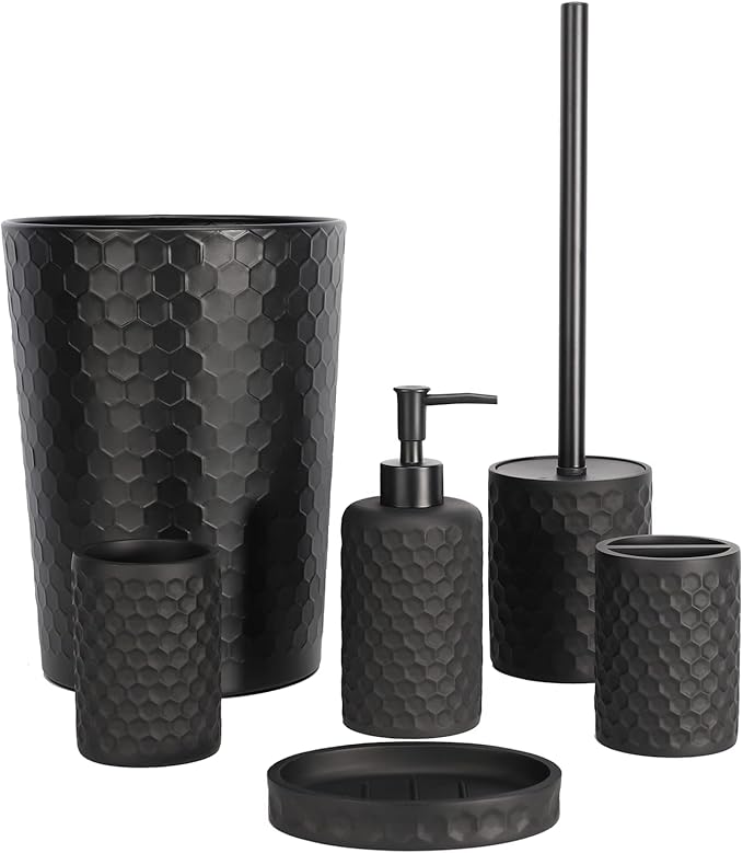 zccz Bathroom Accessory Set - 6 Pcs Black Bathroom Accessories Set with Trash Can, Toothbrush Holder, Toothbrush Cup, Soap Dispenser, Soap Dish, Toilet Brush Holder (Brush Not Included) - Accessoire Salle de Bain