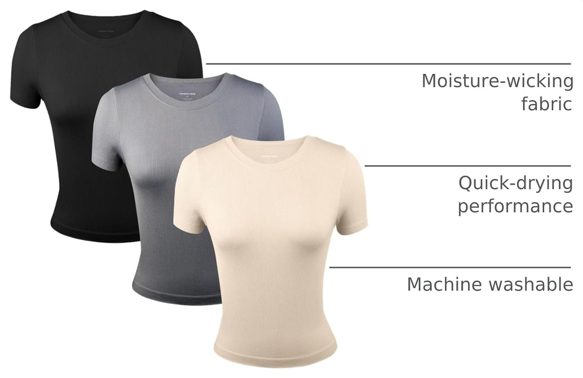 Common Stitch 3 Pack Stretch Workout Tee Shirts for Women, Ribbed Crewneck Womens Short Sleeve Yoga Tees (Available in Plus)