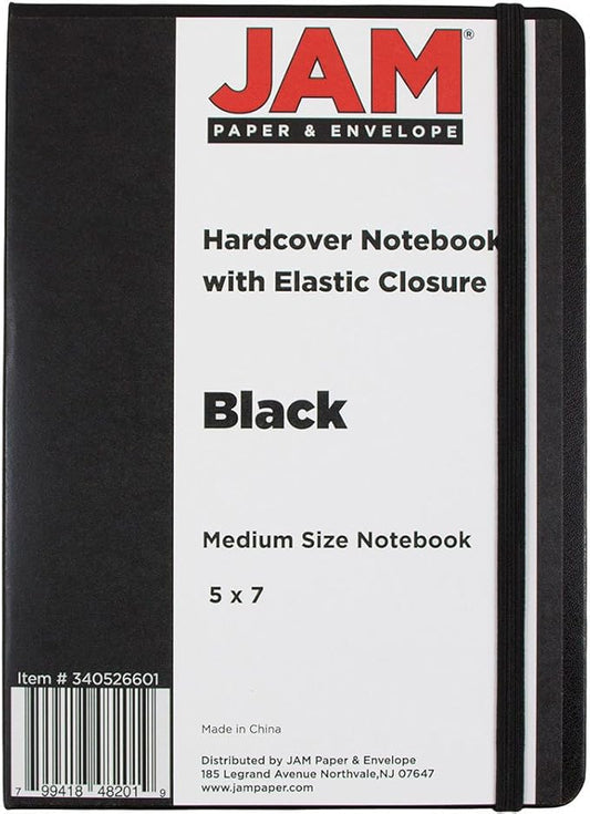 JAM PAPER Hardcover Notebook with Elastic Band - Medium Journal - 5 x 7 - Black - 100 Lined Sheets - Sold Individually