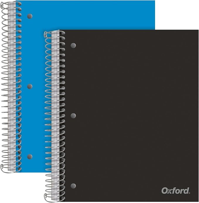 Oxford 3 Subject Spiral Notebook, Notebooks for School, Plastic Covers, Back to School Supplies, College Ruled, 150 Sheets, 2 Pack, Black and Blue (1009293)