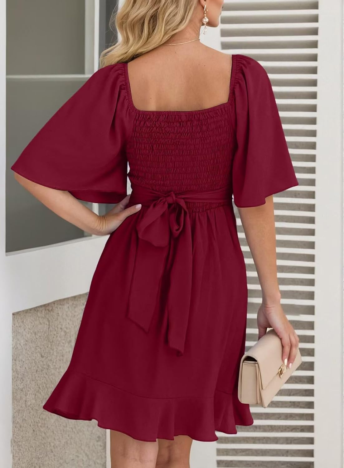 Dokotoo Women's Wrap V Neck Short Flared Sleeve Wedding Guest Dress Smocked Elastic Waist Tiered Belted Ruffle Hem Mini Dress