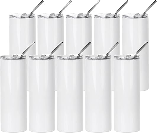 PYD Life 10 Pack Sublimation Tumblers Bulk Blank 20 OZ Skinny White Stainless Steel Tumbler Cups with Straw and Lid for Mug Tumbler Heat Press Sublimation Oven Printing