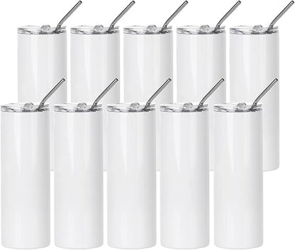 PYD Life 10 Pack Sublimation Tumblers Bulk Blank 20 OZ Skinny White Stainless Steel Tumbler Cups with Straw and Lid for Mug Tumbler Heat Press Sublimation Oven Printing