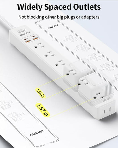 10-foot surge protection power strip, 7 outlets, 4 USB ports (2 USB C), ultra-thin flat extension cord and flat plug, 1700 joules, wall mount, charging station