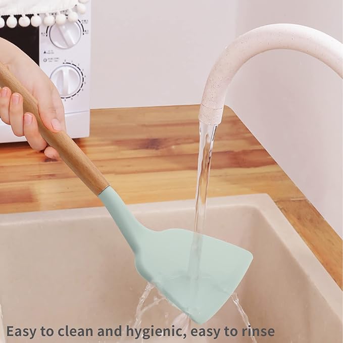 Silicone Solid Spatula with Wooden Handle, Heat Resistant and Non Stick Cooking Utensil, Kitchen Turner for Frying, Baking, Flipping, Mixing, Serving, Draining, Stirring (light green)