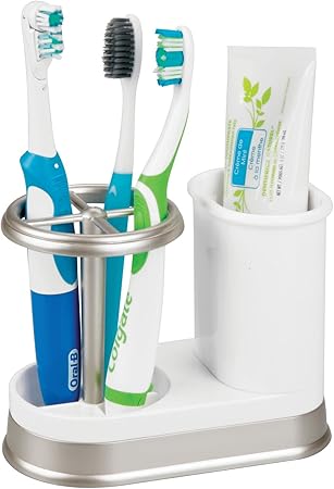 mDesign Decorative Bathroom Dental Storage Organizer Holder Stand for Electric Spin ToothbrushToothpaste - Compact Design for Countertop and Vanity, Holds 4 Standard Brushes - WhiteMatte Satin