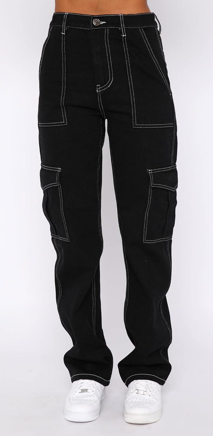 CHARTOU Women's Y2k Style Mid-Rise Wide Leg Straight Boyfriend Cargo Denim Jeans Pants