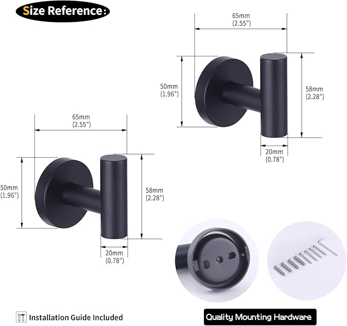 GERZWY Bathroom Matte Black Coat Hook SUS 304 Stainless Steel Single TowelRobe Clothes Hook for Bath Kitchen Contemporary Hotel Style Wall Mounted 2 Pack AG1107B-BK