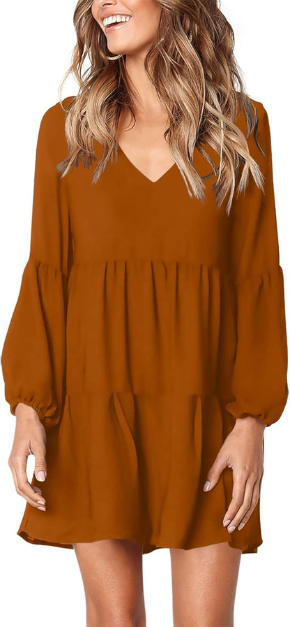 Amoretu Women's Long Sleeve V-Neck Swing Tunic Dress
