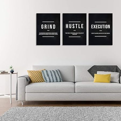 Motivational Office Wall Decor Inspirational Success Canvas Wall Art Hustle Posters Prints Entrepreneur Quote Wall Picture Paintings 3 Pieces Artwork Home Bedroom Framed Easy to Hang(36Wx16H)
