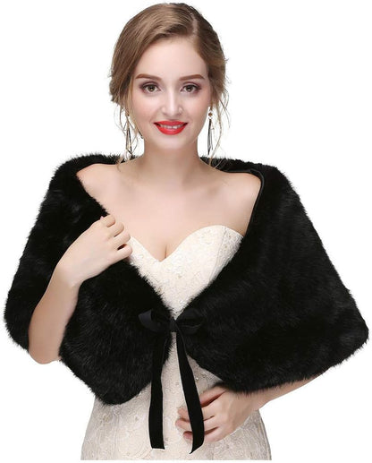 Luxurious faux fur wrap from Olbye, perfect for adding glamour to winter weddings or events, soft, satin-lined shawl.