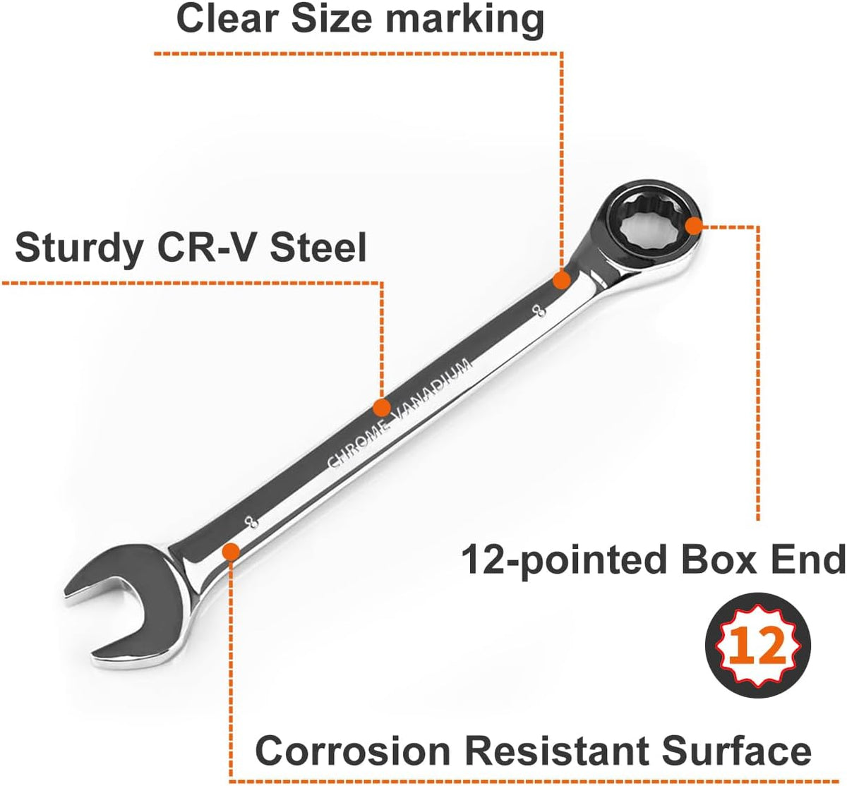 Egofine 8mm Ratcheting Combination Wrench Metric, Industrial Grade Gear Spanner with 12-Point Design, 72-Tooth Ratchet, Chrome Vanadium Steel