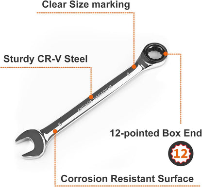 Egofine 8mm Ratcheting Combination Wrench Metric, Industrial Grade Gear Spanner with 12-Point Design, 72-Tooth Ratchet, Chrome Vanadium Steel