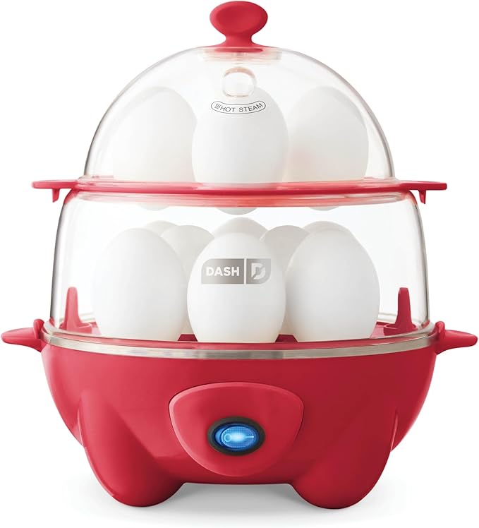 DASH Deluxe Rapid Egg Cooker for Hard Boiled, Poached, Scrambled Eggs, Omelets, Steamed Vegetables, Dumplings  More, 12 capacity, with Auto Shut Off Feature - Red