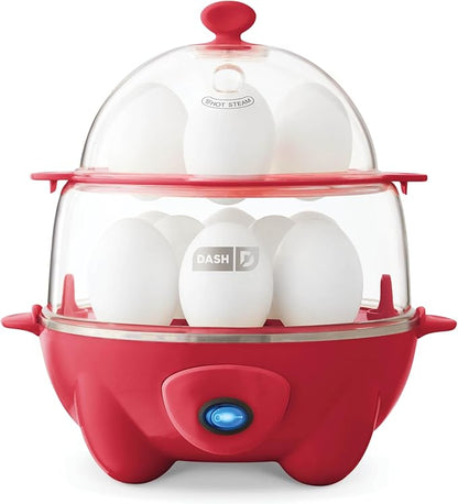 DASH Deluxe Rapid Egg Cooker for Hard Boiled, Poached, Scrambled Eggs, Omelets, Steamed Vegetables, Dumplings  More, 12 capacity, with Auto Shut Off Feature - Red