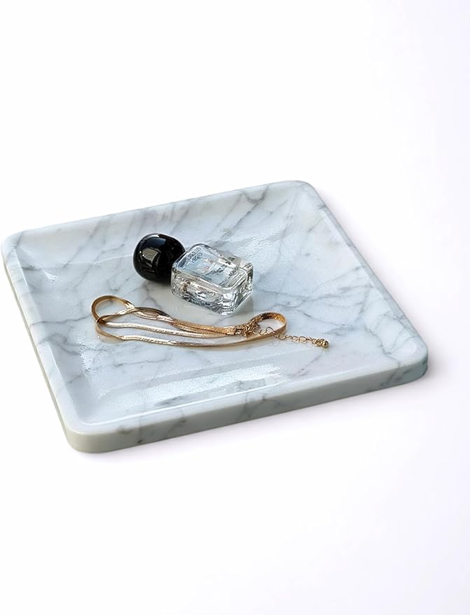 Natural Marble Tray, 8 inches Inside Raised Edges Round Serving Board, Bathroom Organizers and Storage, Stone for Home Kitchen Vanity Countertop Decor (Calacatta White, Square)