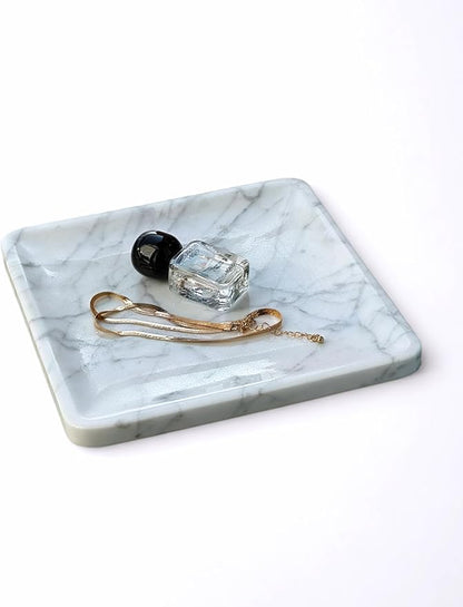Natural Marble Tray, 8 inches Inside Raised Edges Round Serving Board, Bathroom Organizers and Storage, Stone for Home Kitchen Vanity Countertop Decor (Calacatta White, Square)