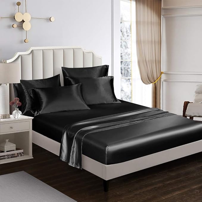 AiMay 6 Piece Satin Bedding Sheet Set Queen Black Deep Pocket 1800 Series Luxury Rich Silk Silky Super Soft Solid Color 4 Pillowcases Reversible Sexy Honeymoon Wrinkle Free (Queen,Black)