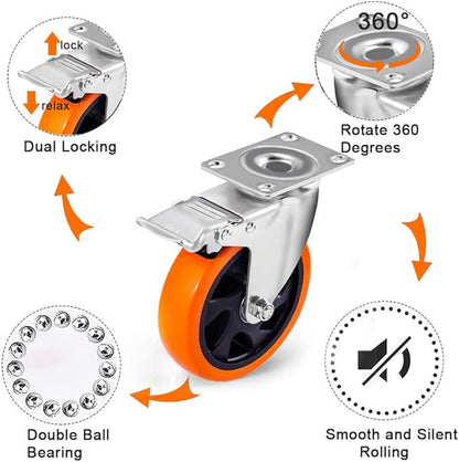 DL 5 Inch Swivel Casters Wheels 1500lbs Heavy Duty Castors with Brake Polyurethane Dual Locking Casters Set of 4 Orange DL-I5-001