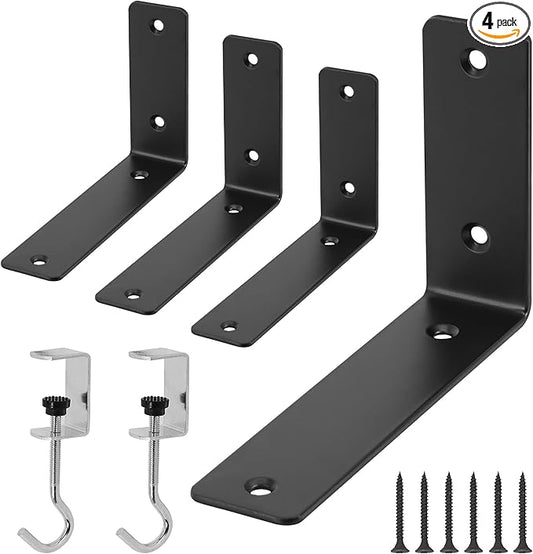L Floating Shelf Brackets,4 Pack Heavy Duty L Brackets for Shelves, L 6" X H 4" Black Metal Countertop Support Brackets,Wall Mounting for Wood
