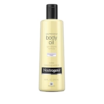 Neutrogena Body Oil Light Sesame Formula, 8.5 fl oz, Fragrance Free Radiant Glow Moisturizer for Dry Skin and Massage Oil with Sesame Oil, Bath  Shower Oil For Smooth and Hydrated Skin