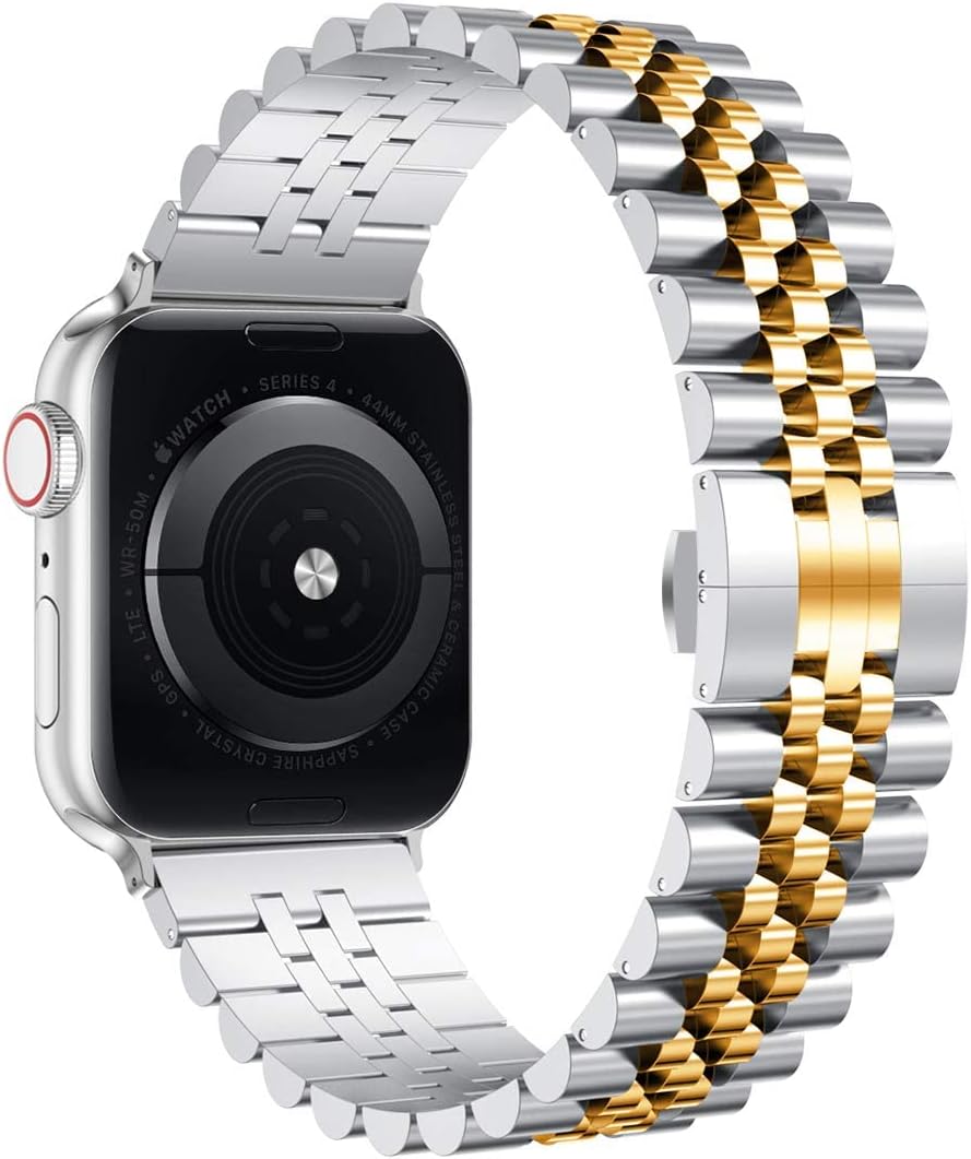 Wolait Compatible with Apple Watch Ultra 3/Ultra 2 Band 49mm 46mm 45mm 44mm 42mm,Stainless Steel Heavy iWatch Band with Butterfly Folding Clasp Link Bracelet for Series 11-1/SE3/2/Men,Silver/Gold