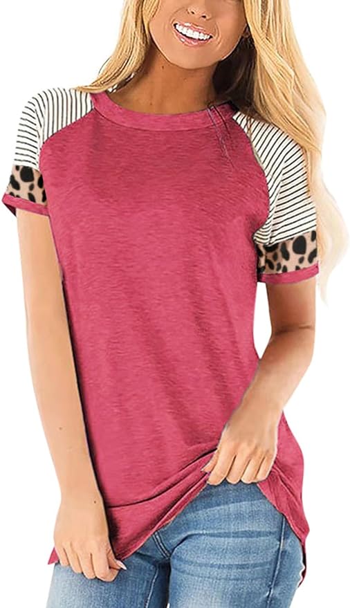 Leopard Print Tops for Women Long Sleeve Crew Neck Patchwork T Shirt Blouse