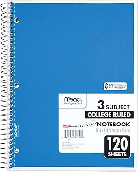 Mead Spiral Notebook, 3-Subject, College Ruled Paper, 8" x 11", 120 Sheets per Notebook, Color Will Vary, 1 Count (06710)