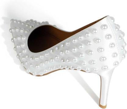 Women Sexy Stiletto High Heel Pumps Chic Pearl Studded Slip-on Shoes Satin Pointed Toe Fashion Dress Pumps Size 5-12 US