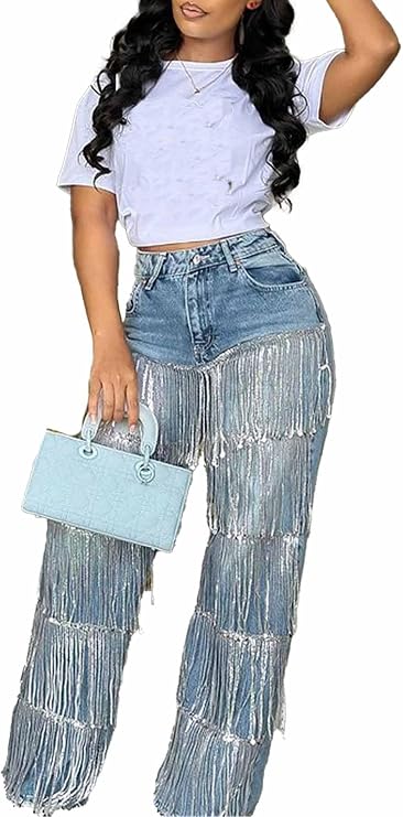 pnahip Women's High Waisted Sequin Fringe Jeans Baggy Straight Leg Sparkly Tassels Denim Pants Y2K Streetwear