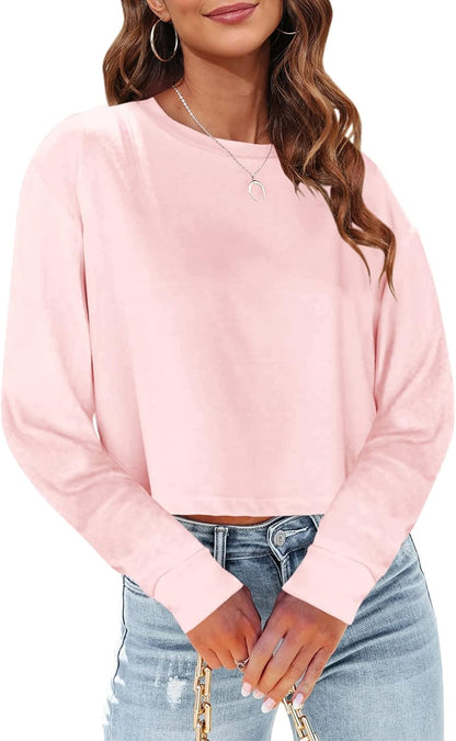Tankaneo Womens Long Sleeve Crop Tops Oversized Cropped Tshirt | Fall,Loose Fit,Crew Neck,Casual Shirts,Basic Tees