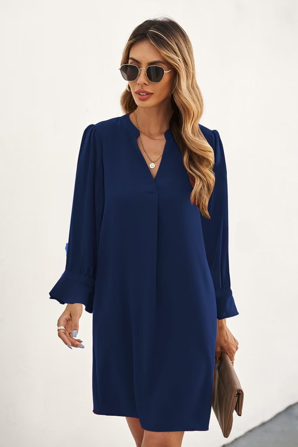 Color Forest Green Wkior Womens Fall Ruffle Long Sleeve V Neck Shift Dresses (S-XXL) | Casual Loose Design, Breathable Fabric, Fall Lightweight Clothes,Vacation Travel Outfit, Essential Fashion Dress