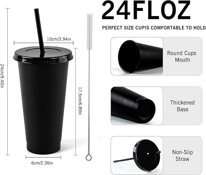 letech Plastic Black Cups with Lids and Straws, 5 Pack 24oz Reusable Cups With Lids and Straws Bulk for Adults Kid Women Party, Portable Spill Proof Cups for Iced Coffee