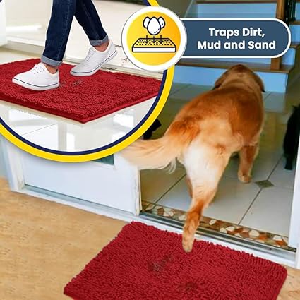 Muddy Mat Shown ON TV Highly Absorbent Microfiber Door Mat and Pet Rug Non Slip Thick Washable Area and Bath Mat Soft Chenille for Kitchen Bathroom Bedroom Indoor and Outdoor - Red Small 28"X18"