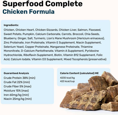 87% premium chicken, heart, gizzards, and liver, plus gut-healthy veggies and superfoods for your pup's digestion and health.