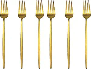 Golden Stain Flatware, Modern 6 Pieces Matte Gold 304 Stainless Steel Dinner Fork 7.7", Camping Dinnerware Set Tableware Wedding Festival Christmas Eating Utensils