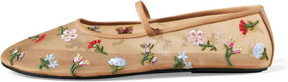 Nude Mesh Ballet Flats for Women Tulle Floral Embroidered Mary Jane Ballerina Round Toe Comfortable Daily Dress Ballet Flats Shoes with Strap