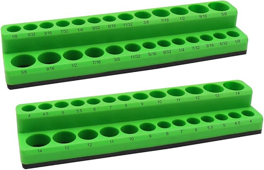 Grip 2 pc Magnetic Socket Holder Sets MM  SAE (14 in) - Stores Deep, Shallow, Impact  Chrome Sockets - Impact Resistant ABS Plastic