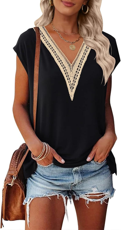 MEROKEETY Women's Boho Cap Sleeve Lace Trim V Neck Tops 2026 Summer Casual Loose Beach Vacation Tee Shirts Blouse.