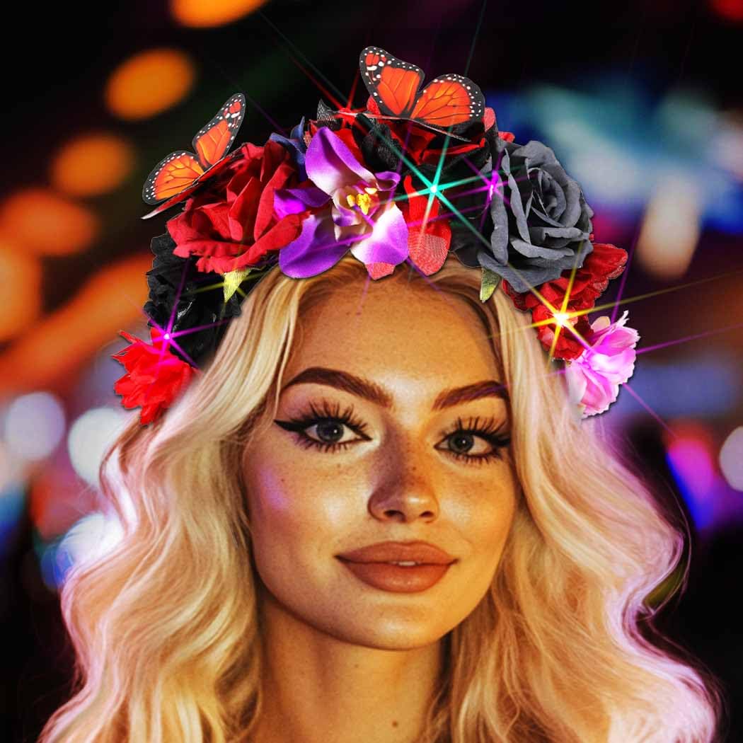 DRESBE Boho Light Up Flower Headband LED Butterfly Floral Headbands Glow Hawaii Beach Party Hair Accessories for Women (Multicolor C)-1 pack
